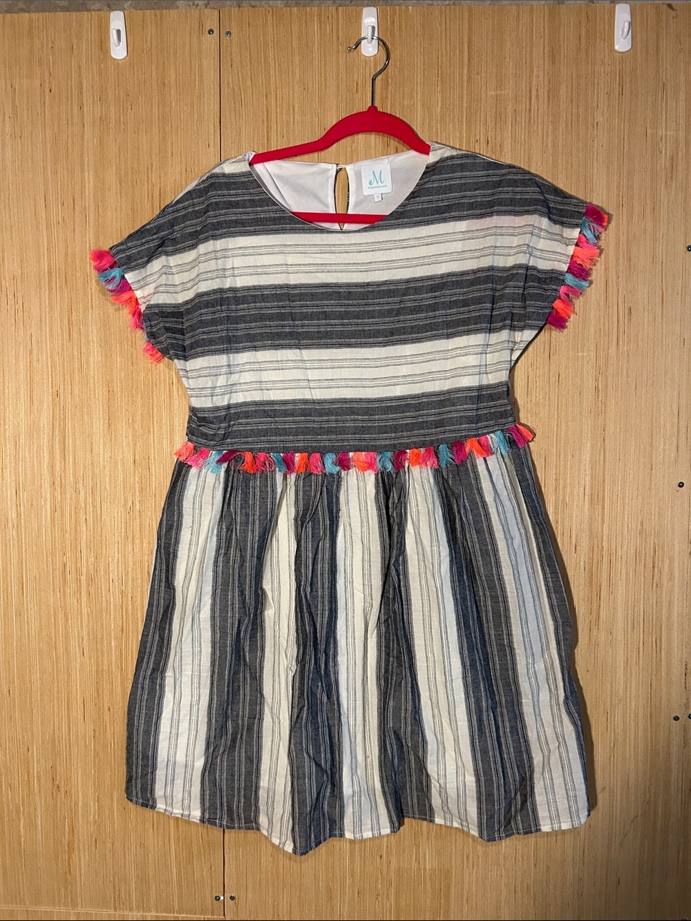 Striped Gray & White Tassel-Trim Casual Dress